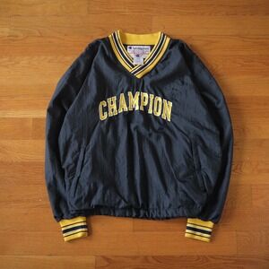 90s Champion V-Neck Pullover Windbreaker Jacket Navy Yellow Athletic L Sporty